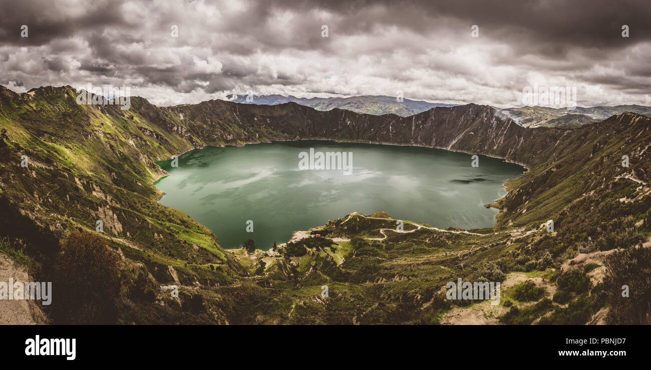 Panoramic of Quilotoa crater, the end destination of trek in Ecuador Stock Photo