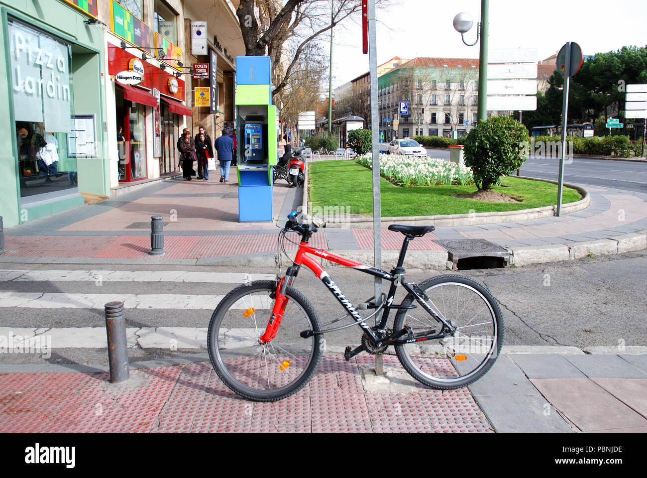 Bicycle at Goya street. Madrid, Spain. Stock Photo