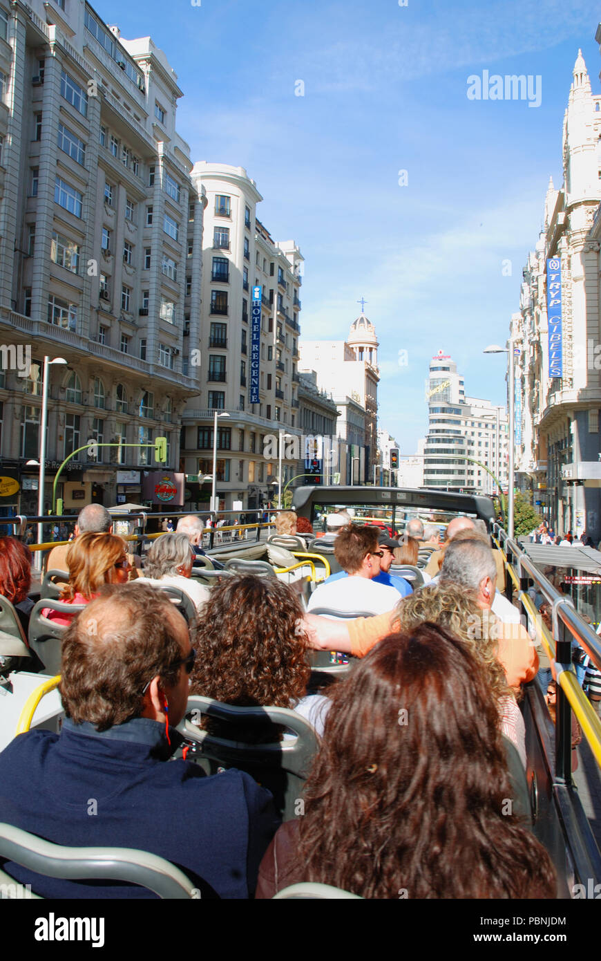 Gran Via viewed from the tourist bus. Madrid, Spain. Stock Photo
