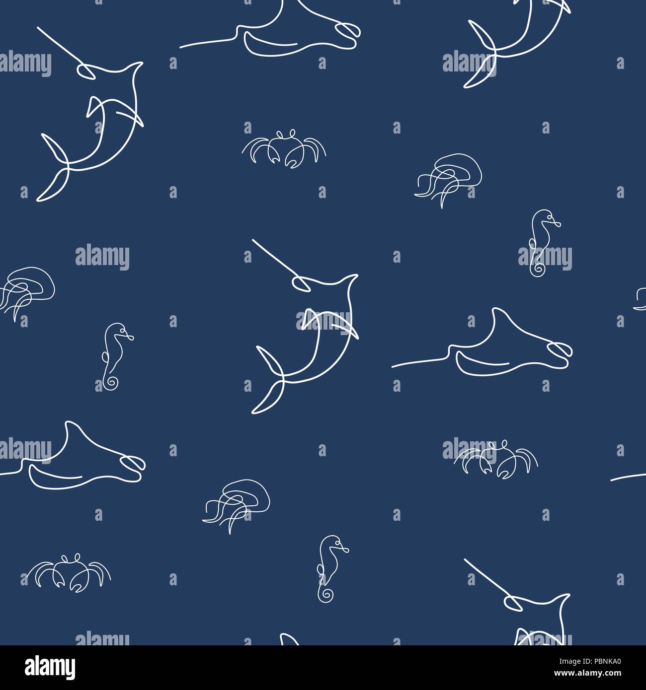 Marine inhabitan pattern seamless. Swordfish, crab, hippocampus, jellyfish, devilfish, ray, stingray. Vector illustration. Dark blue background. Stock Vector