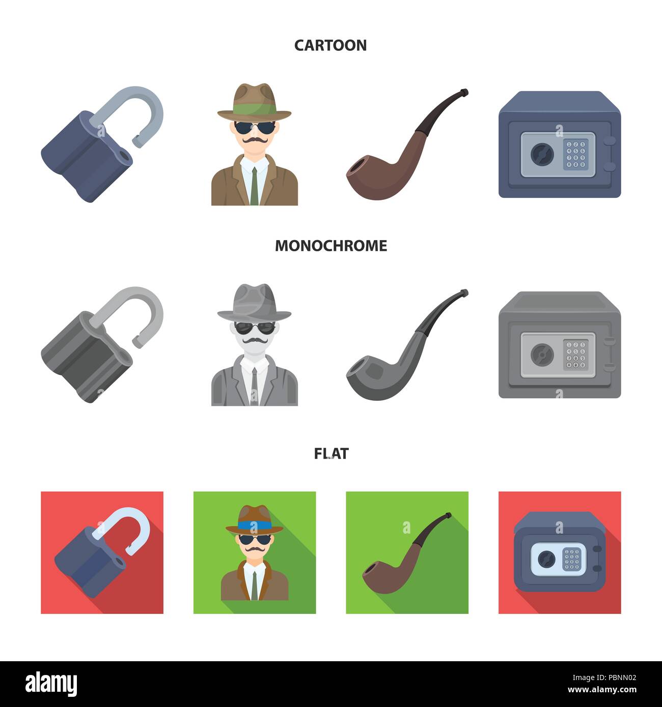 Lock hacked, safe, smoking pipe, private detective.Detective set