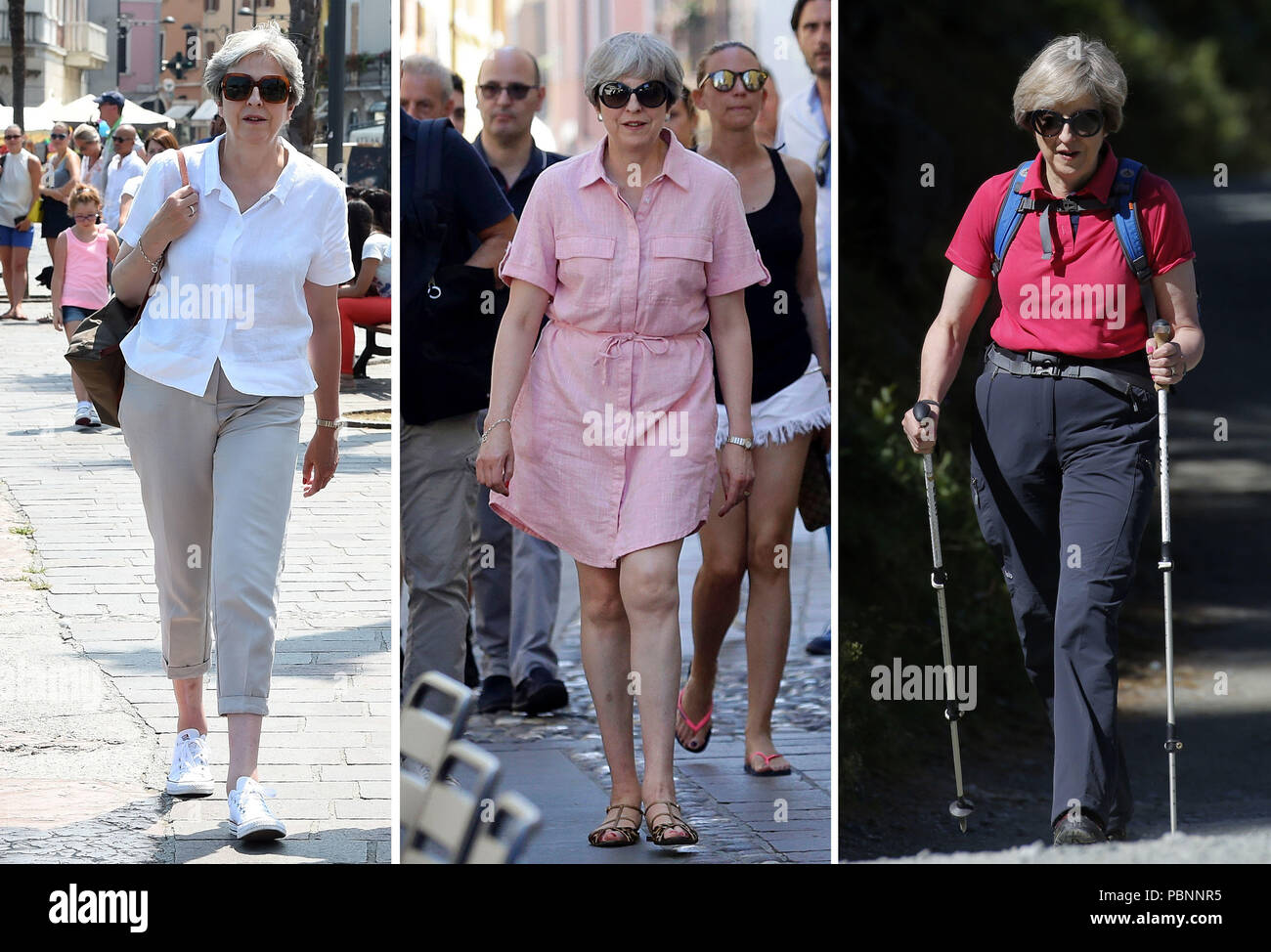 A combination of three photos from (left to right) 2018, 2017, and 2016 of Prime Minister Theresa May during her summer holiday. Stock Photo
