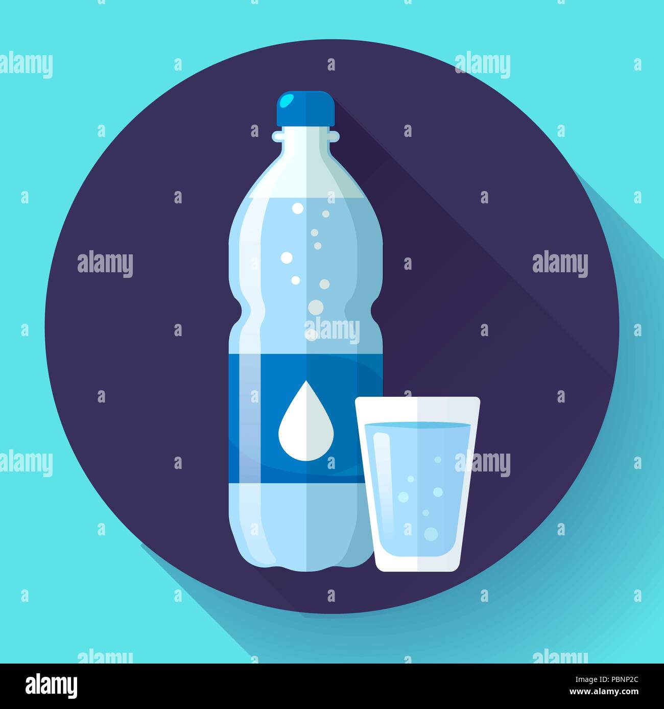 Plastic bottle and glass of water. Water drop sign. Vector illustration