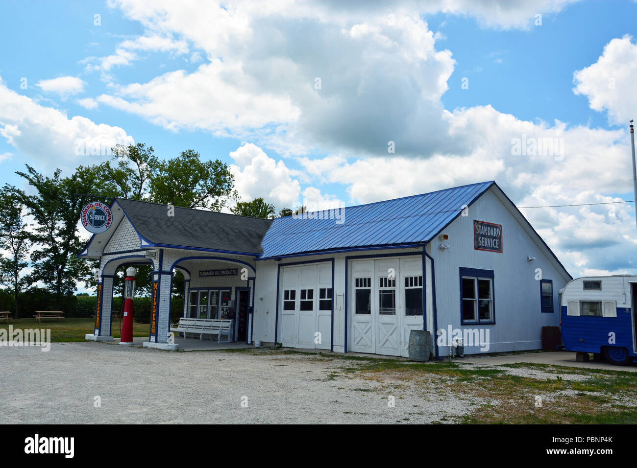 The restored 1932 Standard Oil Service Station on the old Rte 66 in Odell Illinois is listed on the National Register of Historic Places. Stock Photo