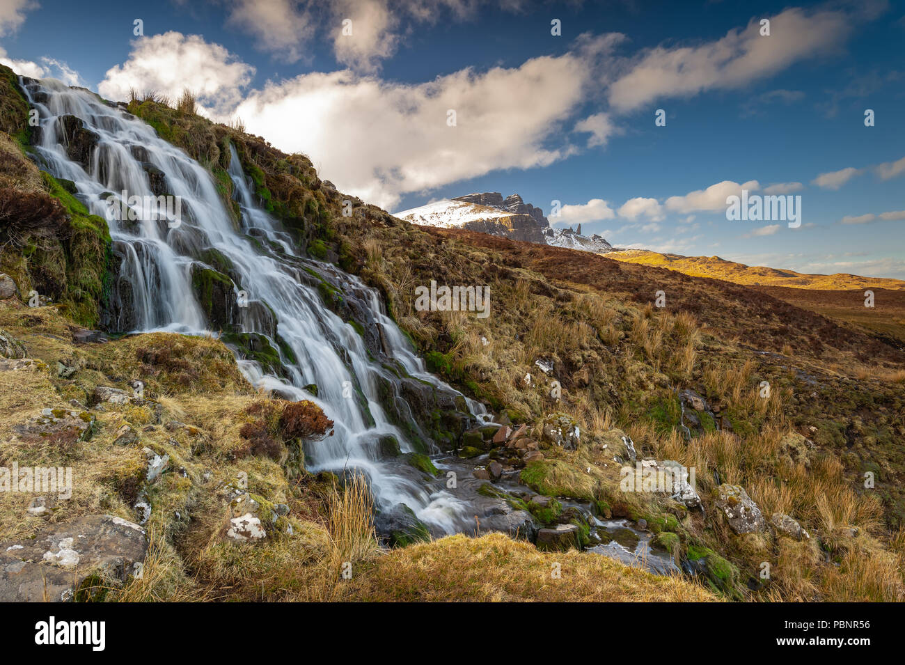Brides Veil Waterfall and Old man of Storr , Isle of Skye , Scotland Stock Photo