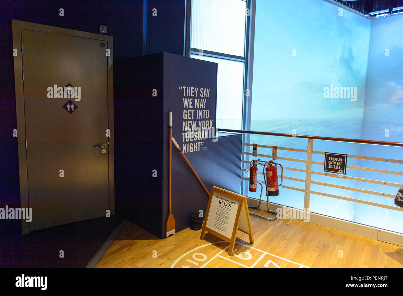 BELFAST, NI - JULY 14, 2016: Interior of the Titanic Belfast, visitor attraction dedicated to the RMS Tinanic, a ship whic sank by hitting an iceberg  Stock Photo