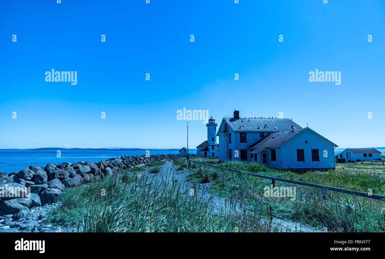 The Point Wilson Lighthouse site view in beautiful summer 1. Port Townsend, Washington,USA, Stock Photo