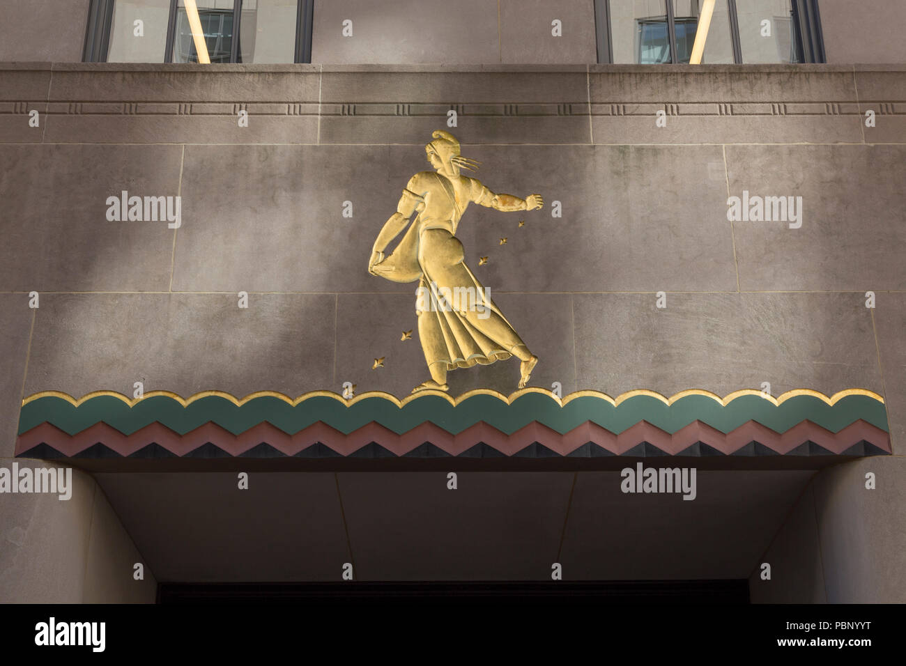 'Seeds of Good Citizenship' (1937) art panel above Channel Gardens Entrance of La Maison Francaise, Rockefeller Centre, New York City, USA Stock Photo