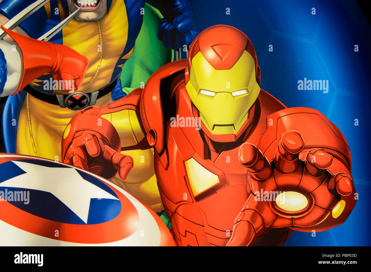 LONDON, ENGLAND - JULY 22, 2016: Iron man Tony Stark at the Marvel Avengers  poster at thMadame Tussauds wax museum. It is a major tourist attraction i  Stock Photo - Alamy, image size:1300x955