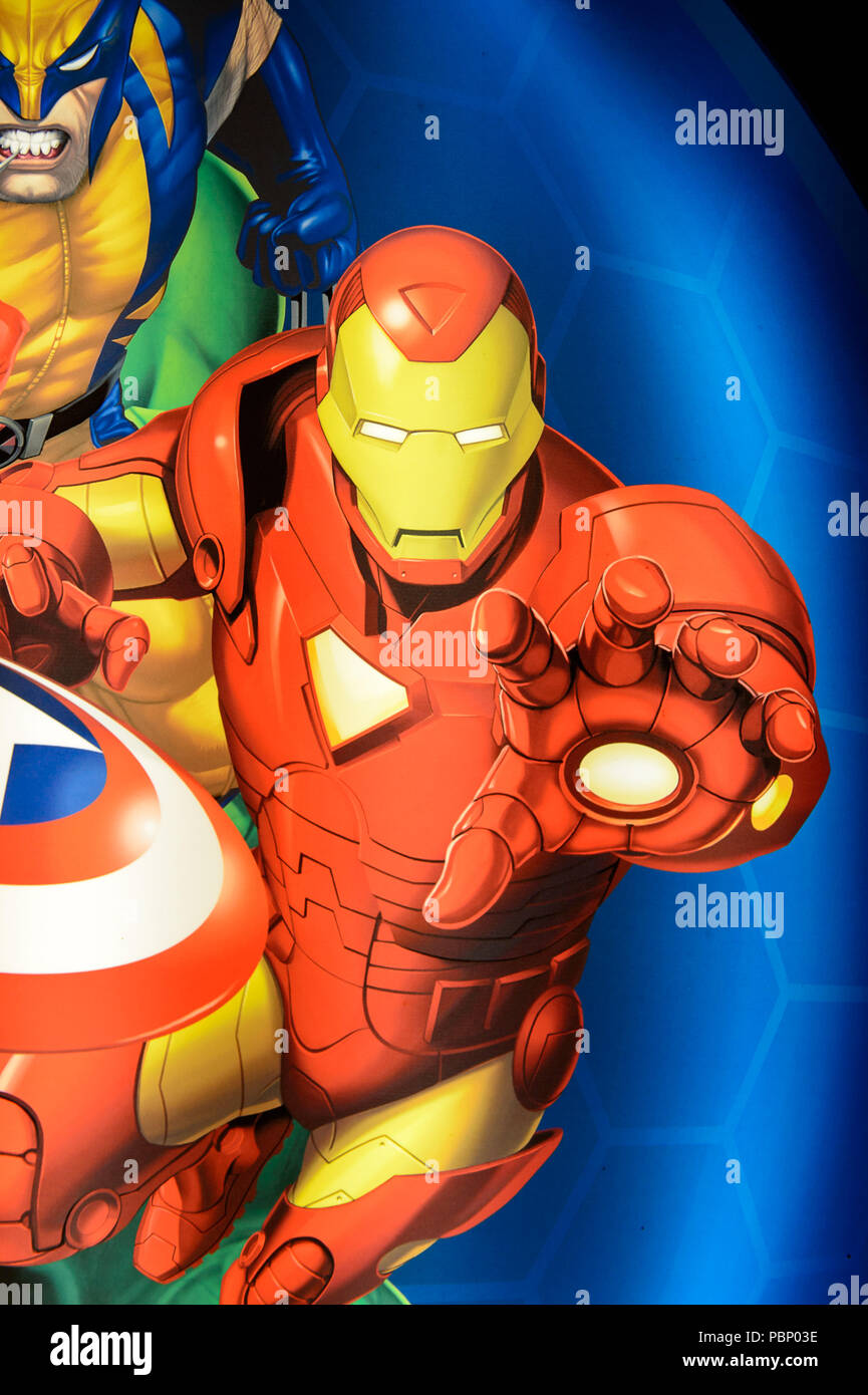 LONDON, ENGLAND - JULY 22, 2016: Iron man Tony Stark at the Marvel Avengers poster at thMadame Tussauds wax museum. It is a major tourist attraction i Stock Photo