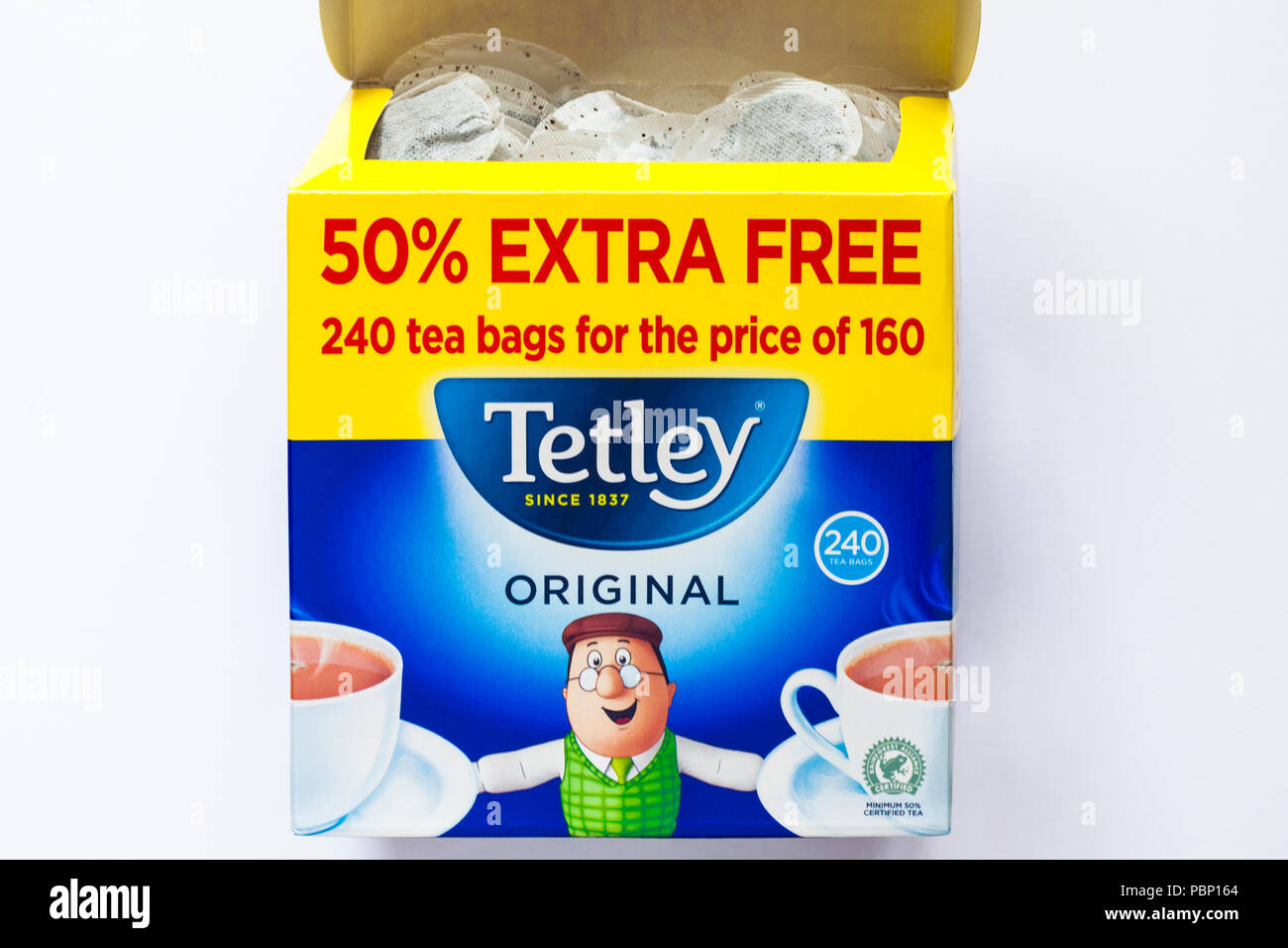 Box of Tetley Original teabags with 50% extra free - 240 tea bags for the  price of 160 set on white background Stock Photo - Alamy