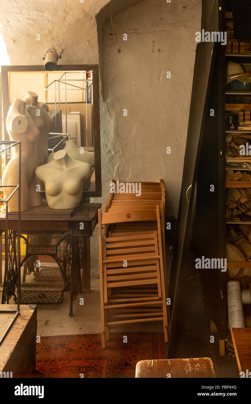 Old dressmakers workshop with mannequins in Prague - monochrome image Stock Photo