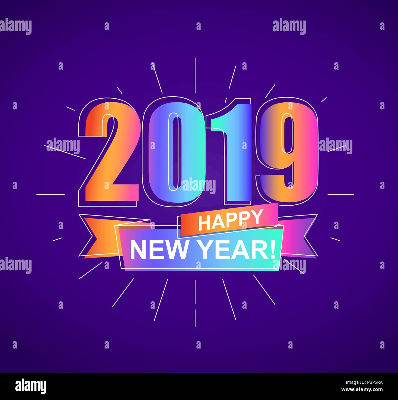 2019 Happy New Year. Colorful outline banner for new year holidays. Perfect for presentations, flyers and banners, leaflets, postcards and posters, your design. Vector illustration EPS10. Stock Vector