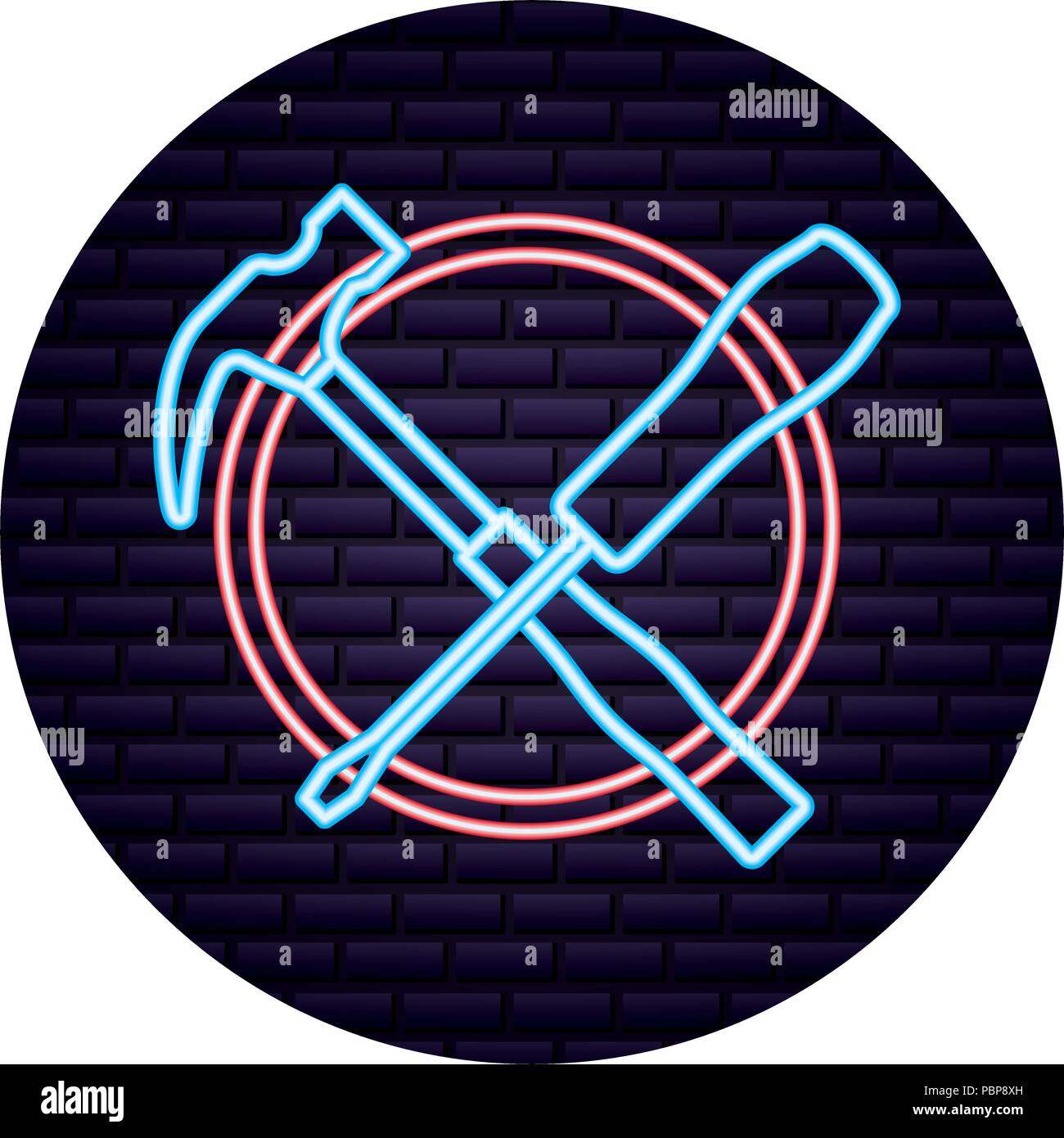 hammer and wrench tools brick wall neon design vector illustration Stock Vector