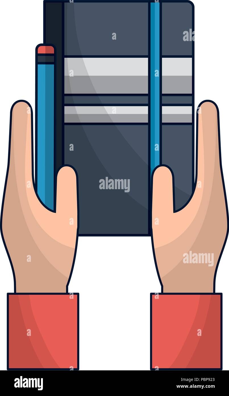 hands holding notebook pencil supply vector illustration Stock Vector ...