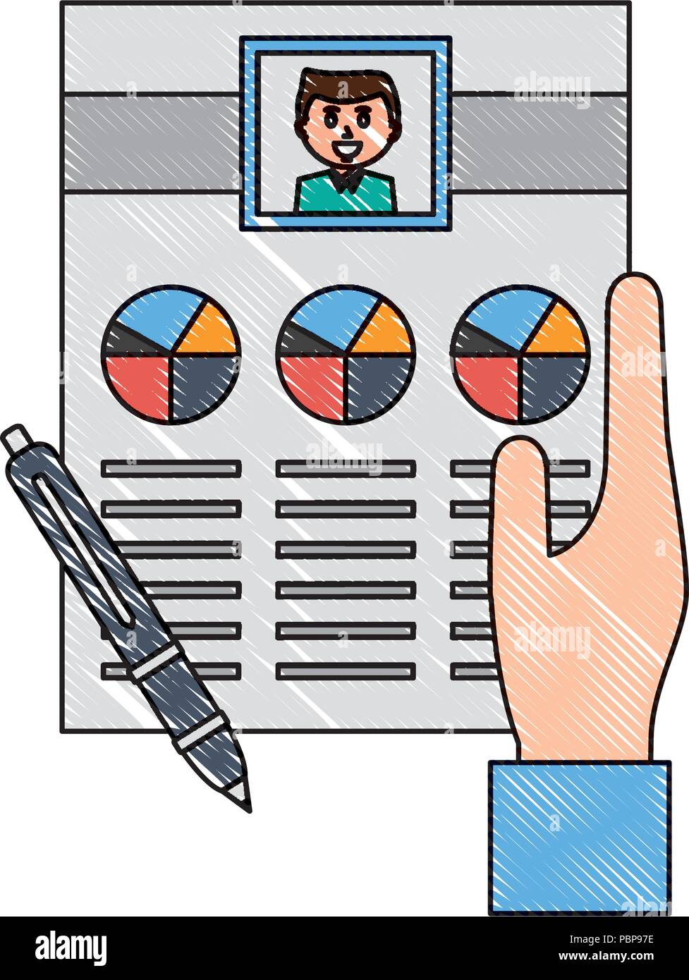 hand with curriculum vitae and pen vector illustration design Stock ...