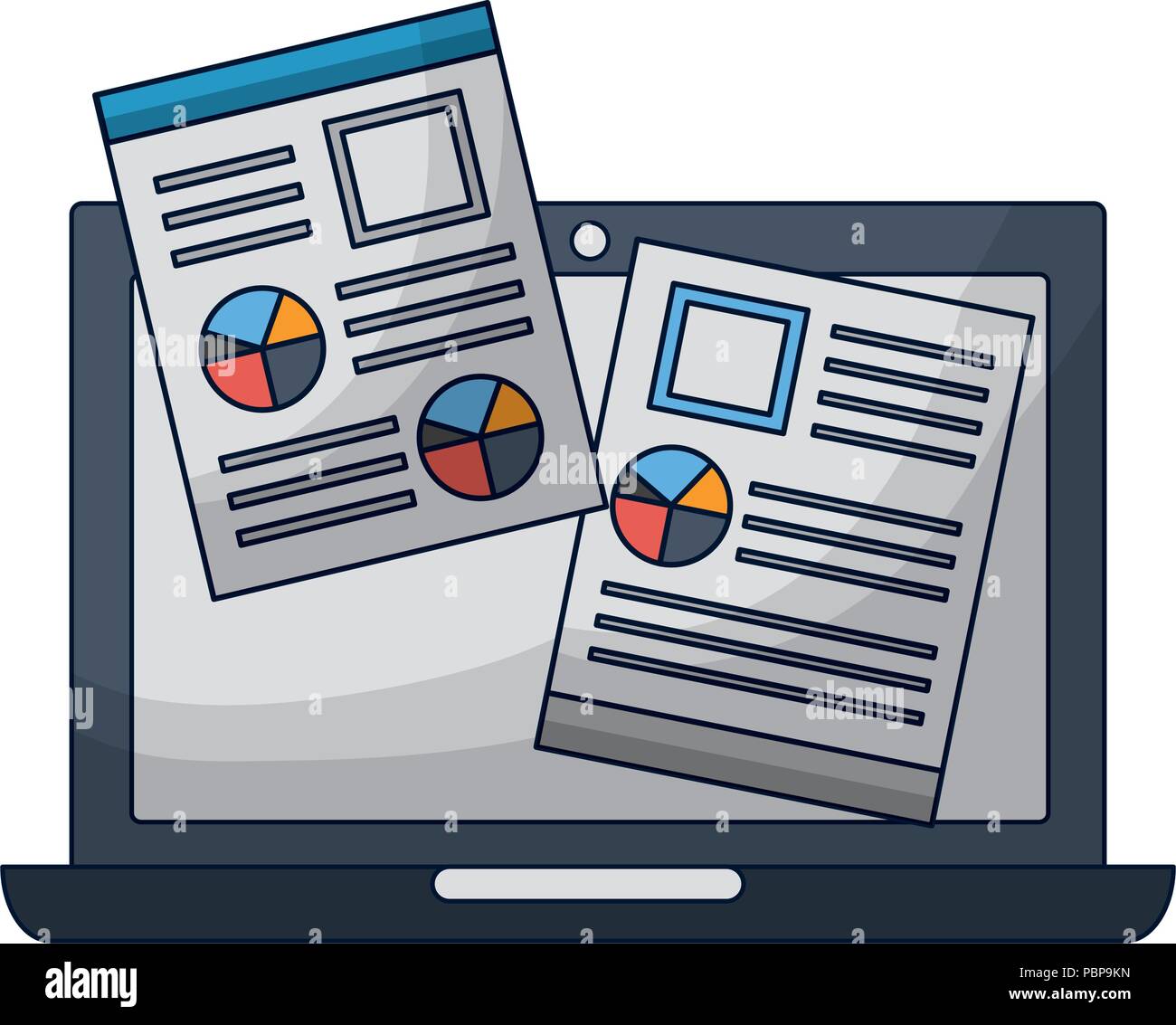 laptop computer and document file with statistics graphic vector illustration design Stock Vector
