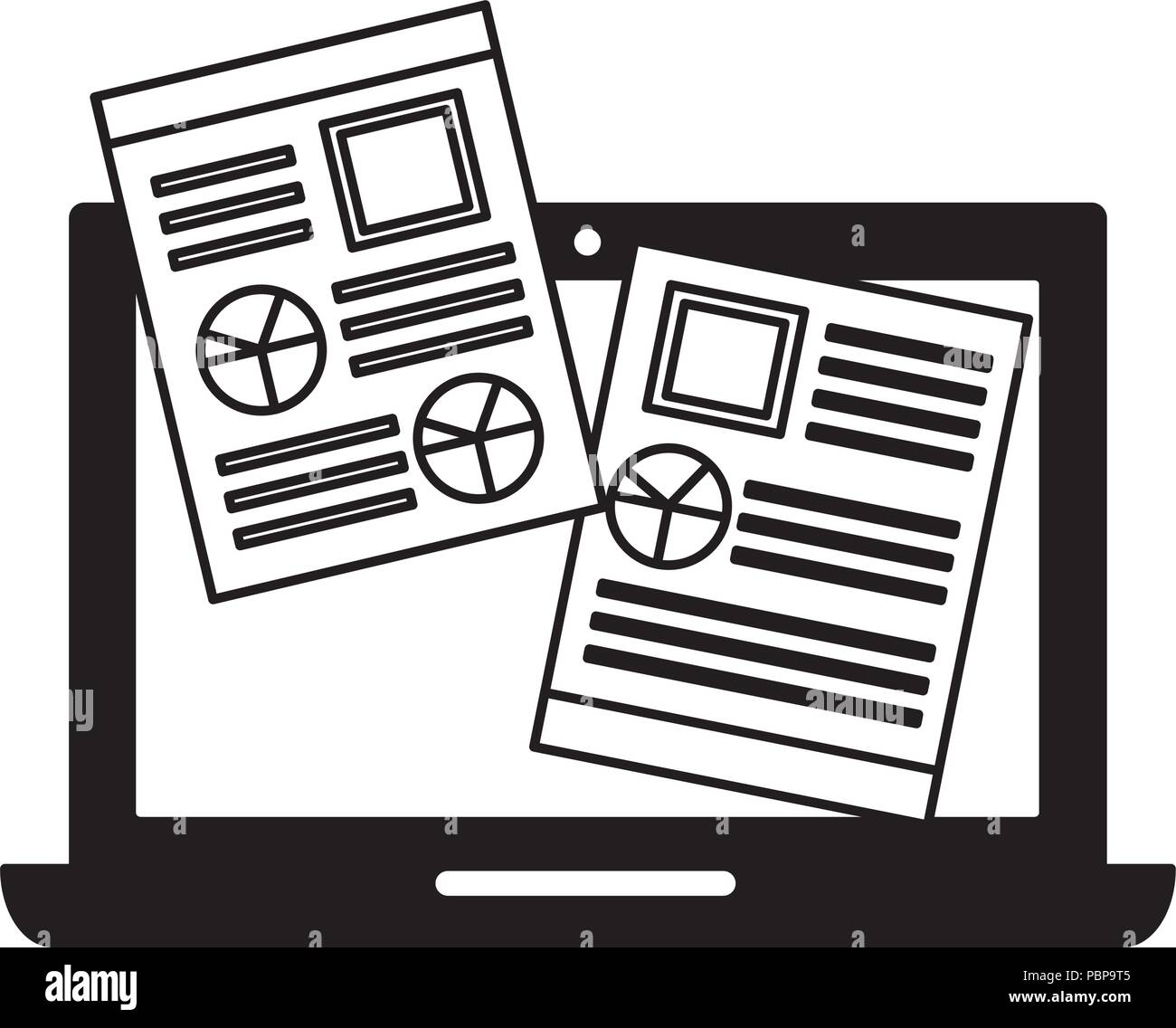 laptop computer and document file with statistics graphic vector illustration design Stock Vector