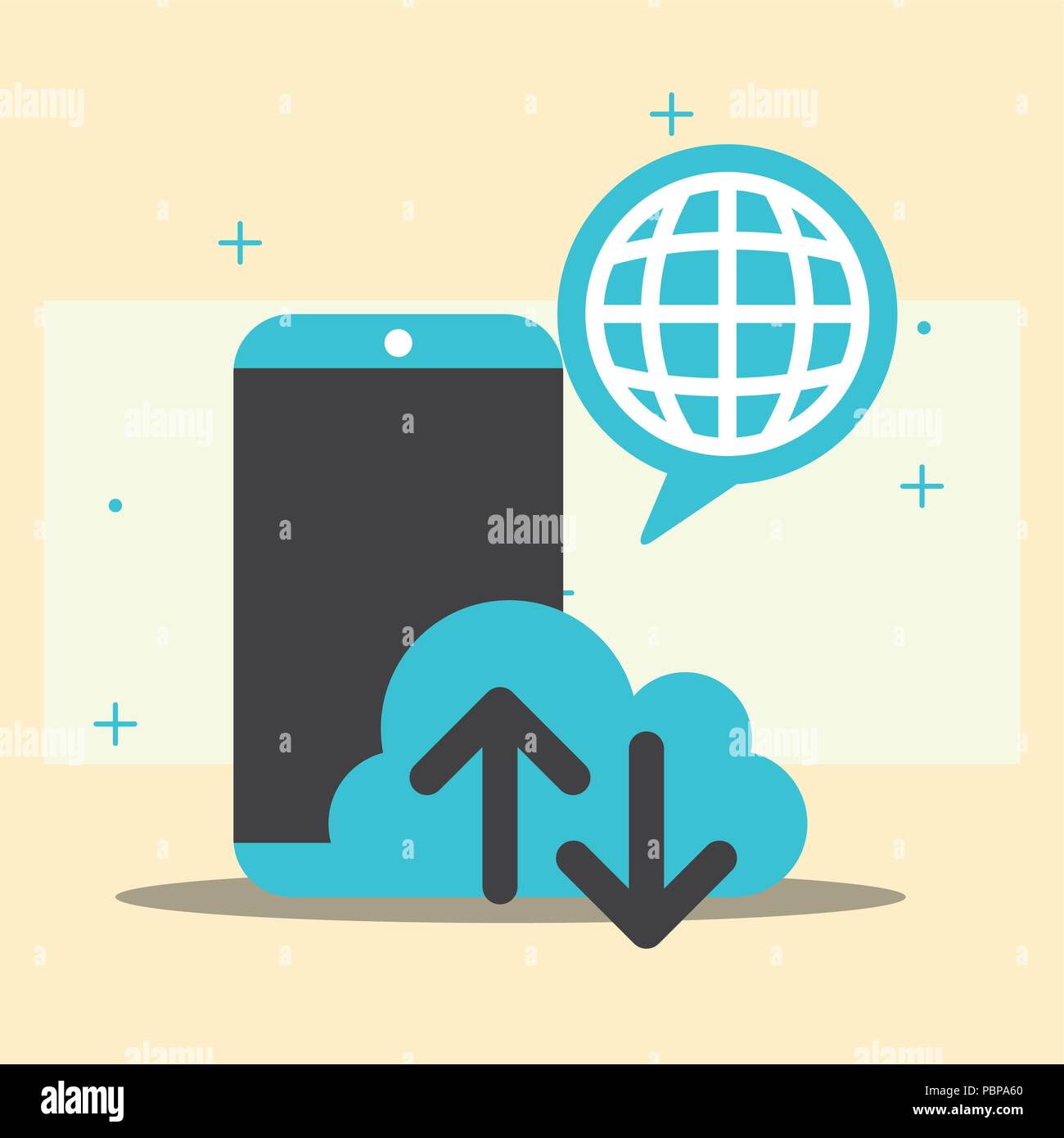 smartphone cloud storage global upload and download vector illustration ...