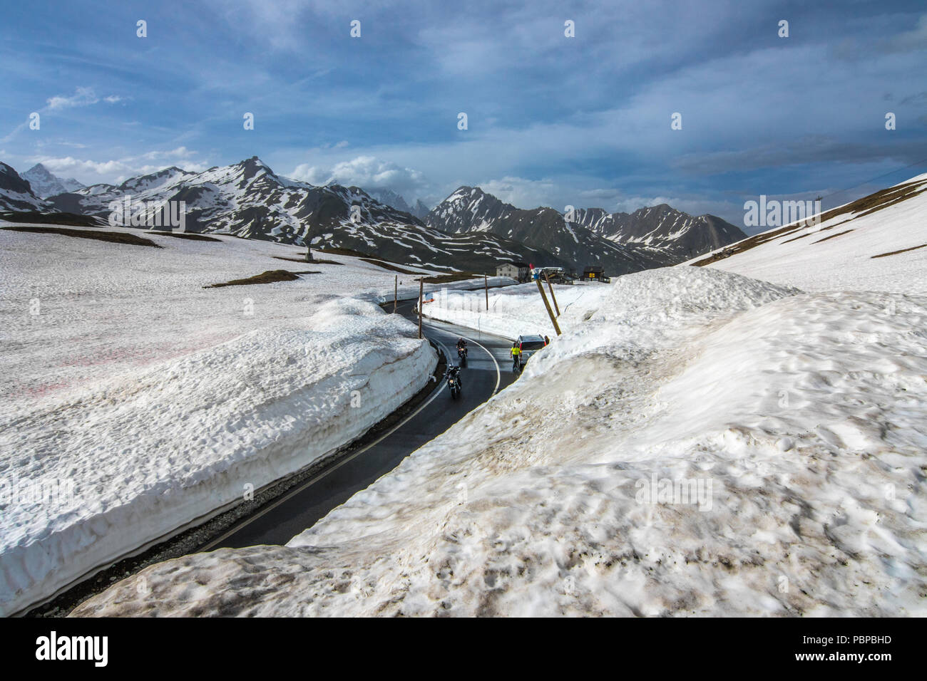 Little St. Bernard Pass June 2018 snow Col du Petit Saint Bernard from La Risiére Rhone Alpes Savoie France to the Aosta Valley of  Italy Stock Photo