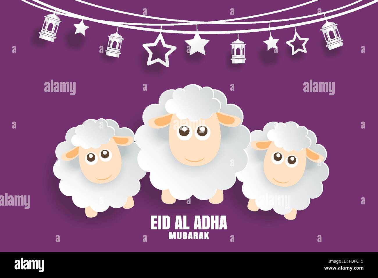 Eid Al Adha Mubarak celebration card with sheep in paper art purple background. Use for banner, poster, flyer, brochure sale template. Stock Vector