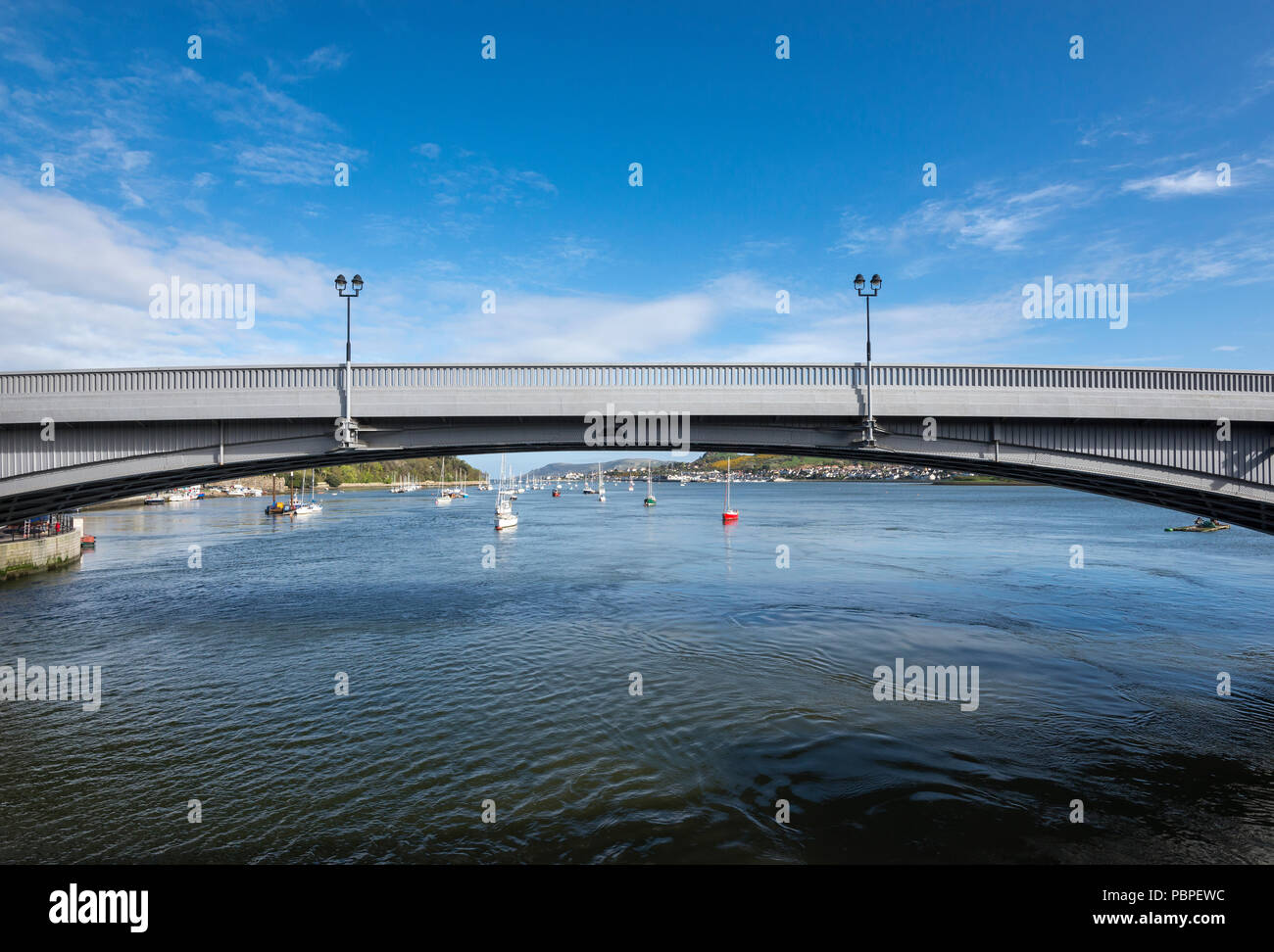 View of the road bridge over the river Conwy, North Wales, UK. Stock Photo