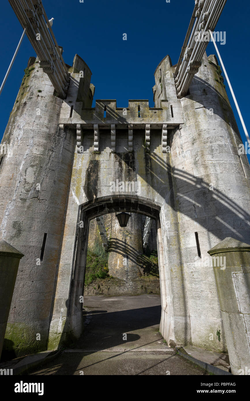View of Conwy castle from the end of the famous suspension bridge, Conwy, North Wales, UK. Stock Photo