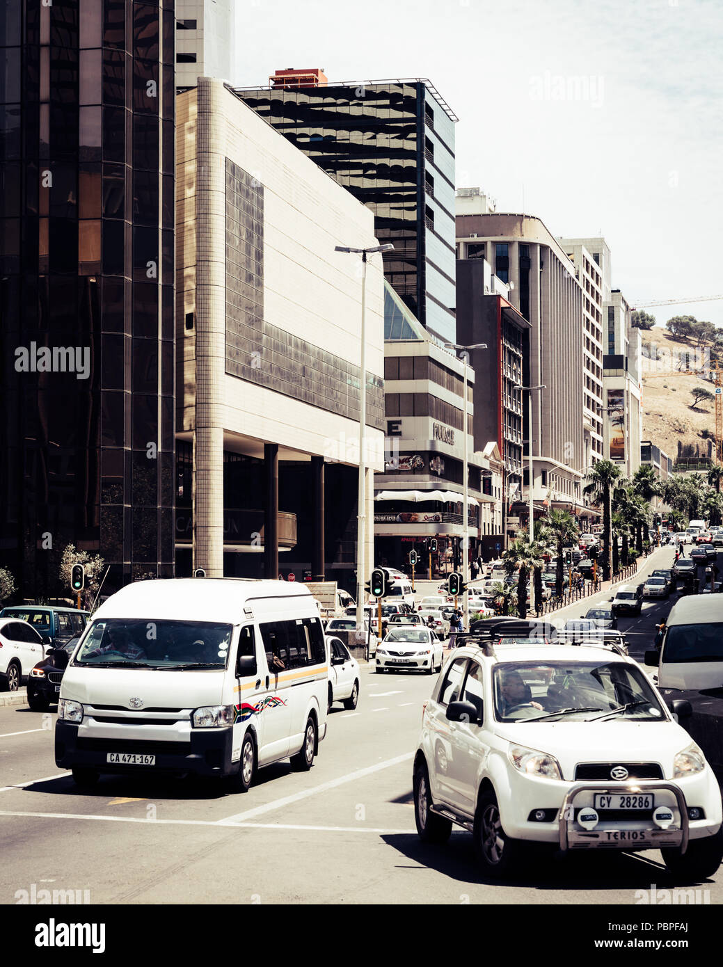 Cape Town, South Africa, February 9, 2018: Busy street with traffic in downtown Cape Town, South Africa Stock Photo