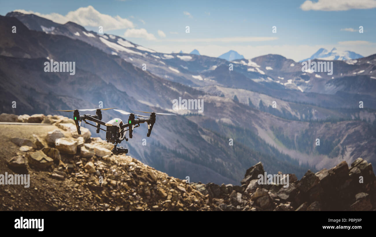 Video drone flying in the mountains in BC, Canada Stock Photo