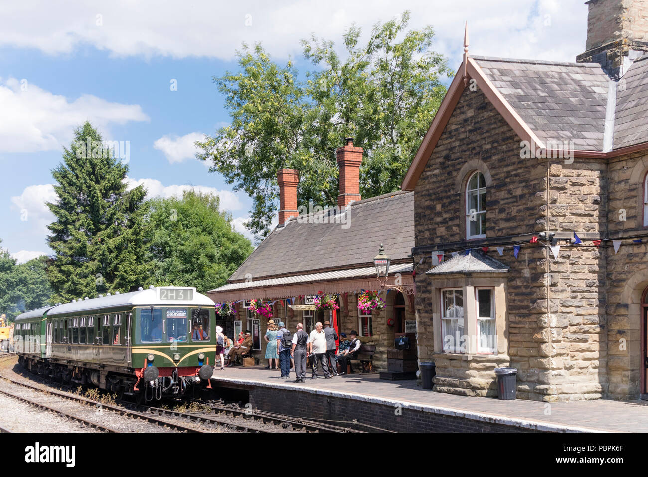 Diesel train at Highley station on the Severn Valley Railway heritage railway line in Shropshire, Stock Photo