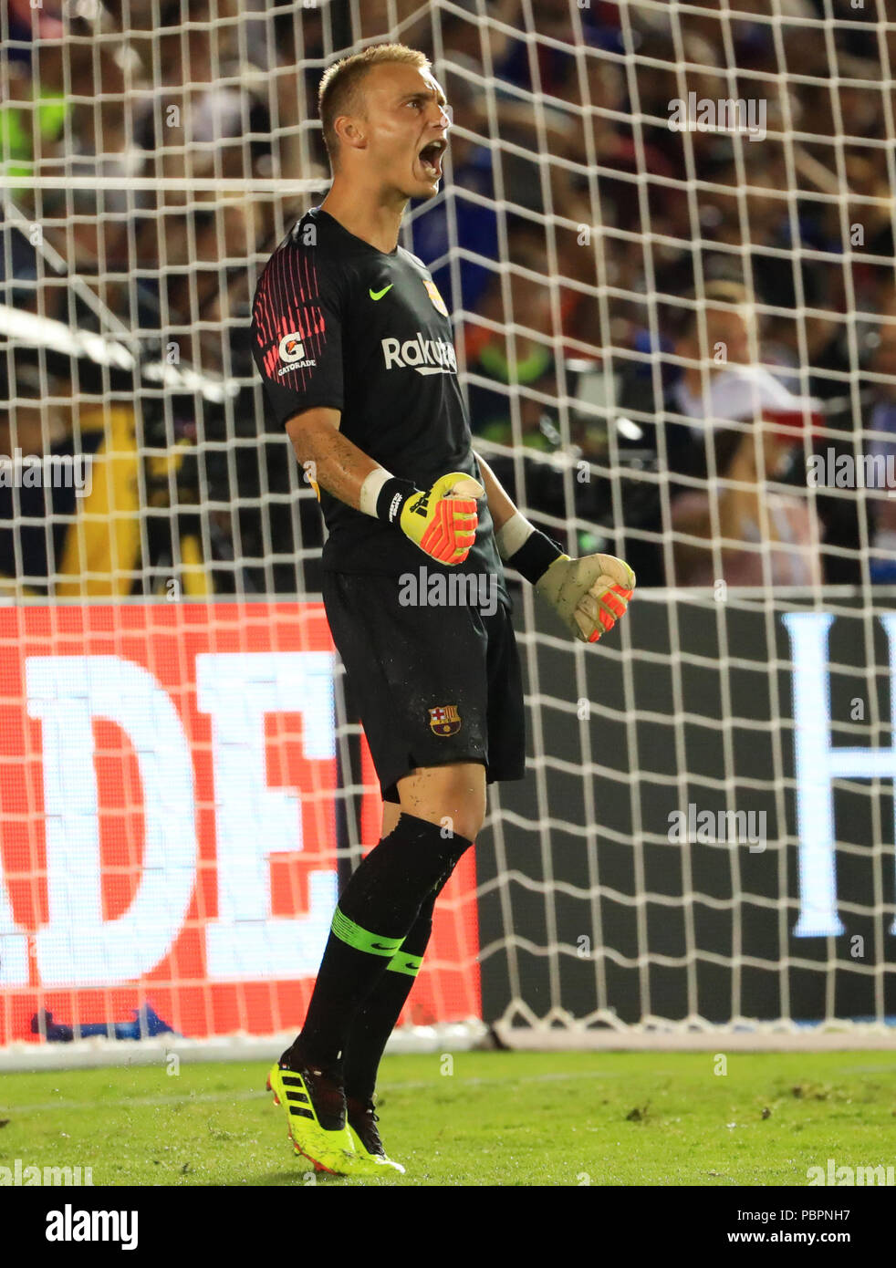 Pasadena, USA. 28th July, 2018. Barcelona's goalkeeper Jasper Cillessen celebrates during the International Champions Cup soccer match between Barcelona and Tottenham Hotspur in Pasadena, the United States, July 28, 2018. Barcelona won 7-5 (5-3 in penalty shootout). Credit: Li Ying/Xinhua/Alamy Live News Stock Photo