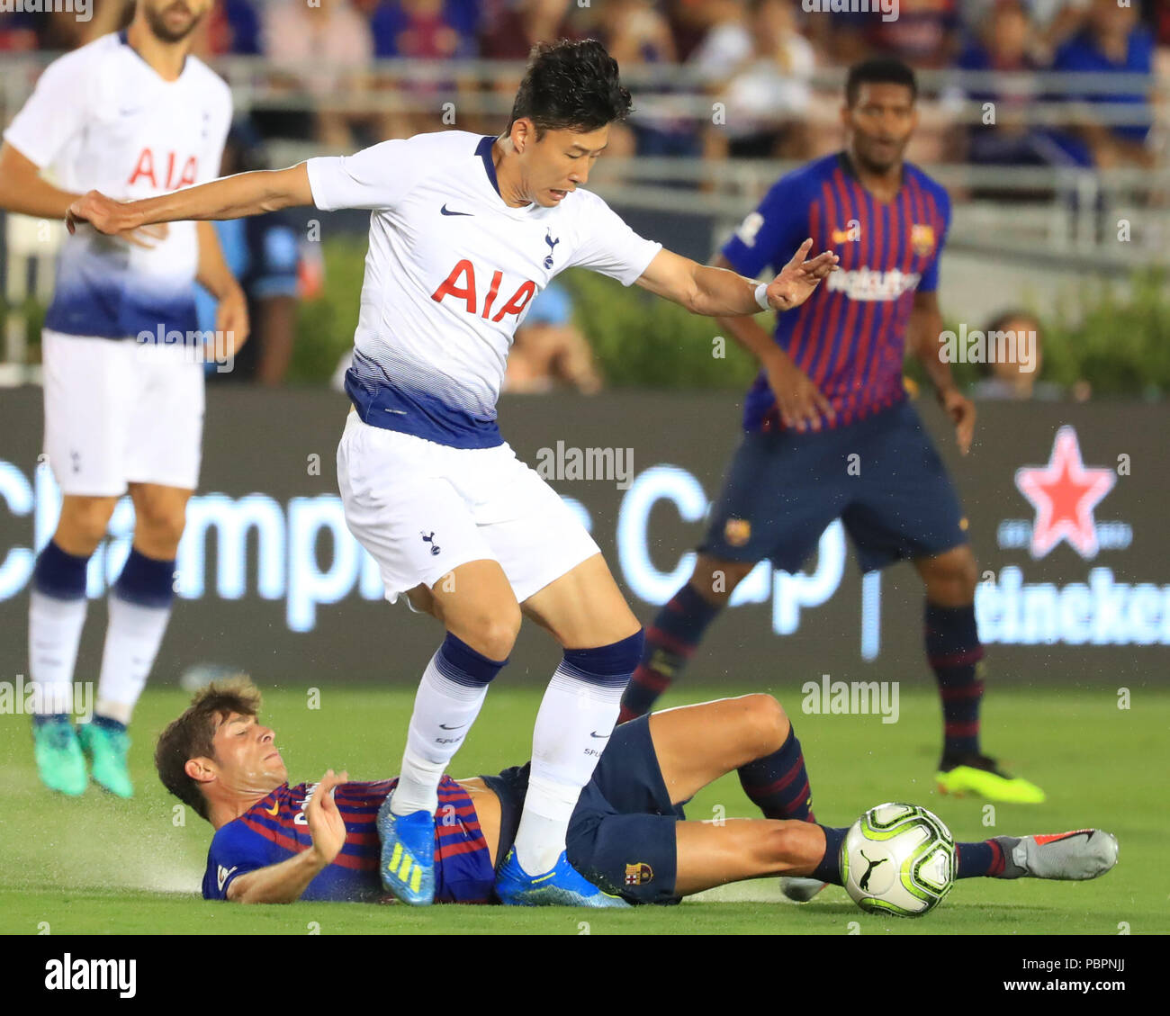 Pasadena, USA. 28th July, 2018. Hotspur's Son Heung-Min (Top) competes during the International Champions Cup soccer match between Barcelona and Tottenham Hotspur in Pasadena, the United States, July 28, 2018. Barcelona won 7-5 (5-3 in penalty shootout). Credit: Li Ying/Xinhua/Alamy Live News Stock Photo