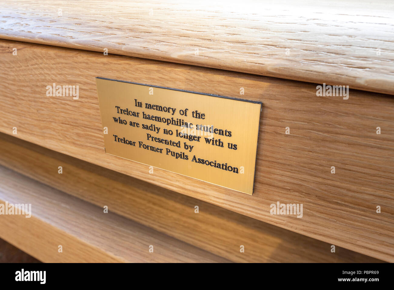 Holybourne, Hampshire, 28 July 2018. The plaque on a solid oak pew in the Church of the Holy Rood in Holybourne, near Alton, Hampshire dedicated on Saturday 28th July 2018 to the memory of the haemophiliacs who died as the result of being treated with contaminated blood products while at the nearby Treloar College.It is thought that 72 pupils have died out of 89 infected. The inscription reads,'In memory of the Treloar haemophiliac students who are sadly no longer with us. Presented by Treloar Former Pupils Association' Stock Photo