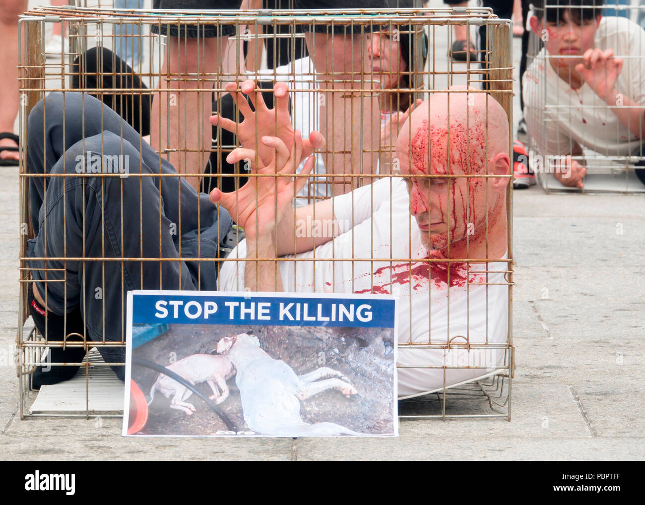 Animal advocacy campaign, July 28, 2018 : Members of an animal advocacy group perform during a campaign against dog meat in Seoul, South Korea. Dogs had been slaughtered for meat as a summertime delicacy like ginseng chicken soup typically during the Bok Nal summer season in Korea. The practice has faded markedly in recent decades amid strong objection to killing dogs for meat but animal protection groups claim thousands of dogs are slaughtered every day, local media reported. Credit: Lee Jae-Won/AFLO/Alamy Live News Stock Photo