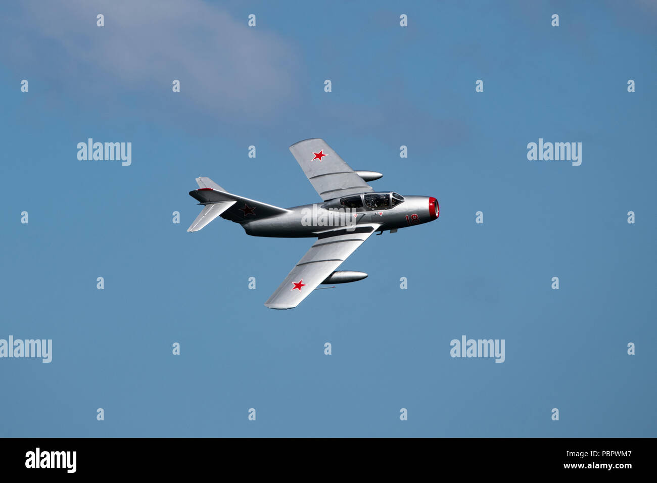 Sunderland, UK, 29 July 2018.  MIG-15 of the Norwegian Air Force Historical Squadron at the Sunderland Airshow . July 28th 2018Credit: Peter Reed/Alamy Live News  Stock Photo