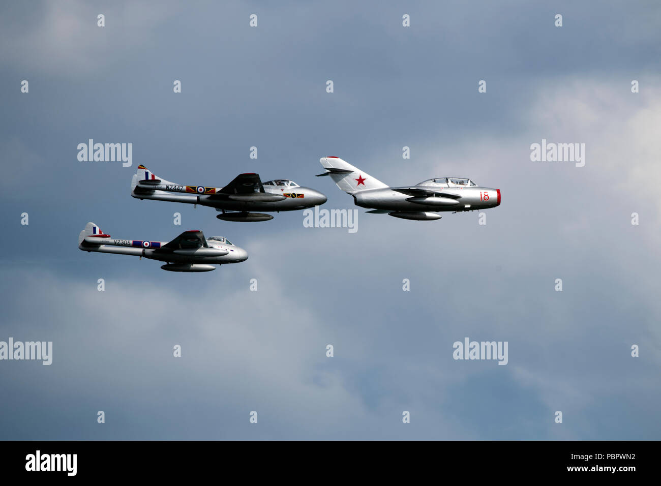 Sunderland, UK, 29 July 2018.  MIG-15 and pair of Vampires of the Norwegian Air Force Historical Squadron at the Sunderland Airshow . July 28th 2018Credit: Peter Reed/Alamy Live News  Stock Photo