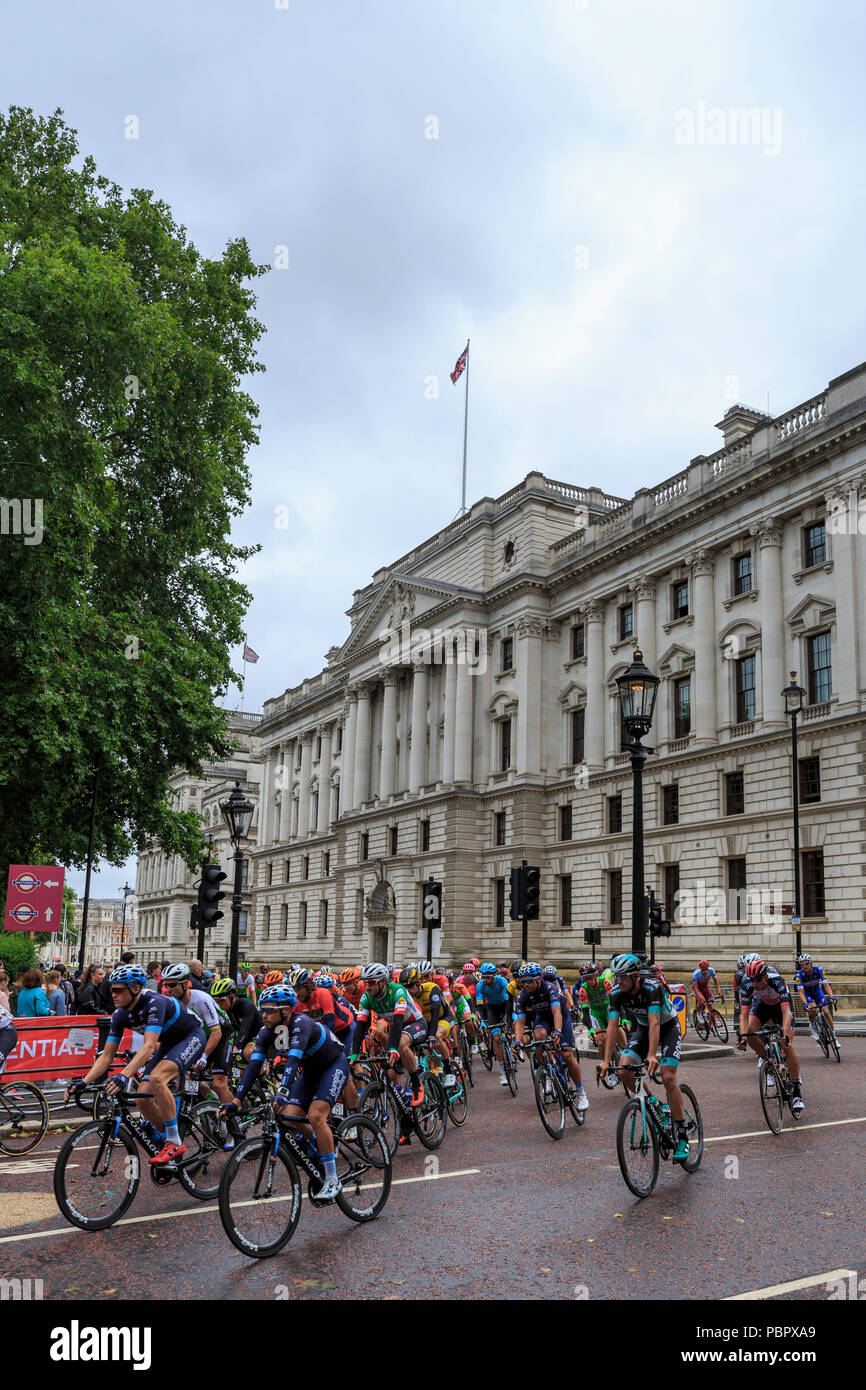 London, UK, 29 July 2018. Prudential RideLondon-Surrey Classic. The professional peloton set off from Horse Guards Parade in London for the sixth running of the 183km World Tour race, the RideLondon-Surrey Classic. The route tackles the Surrey Hills before returning to London to finish on The Mall. Credit: Clive Jones/Alamy Live News Stock Photo