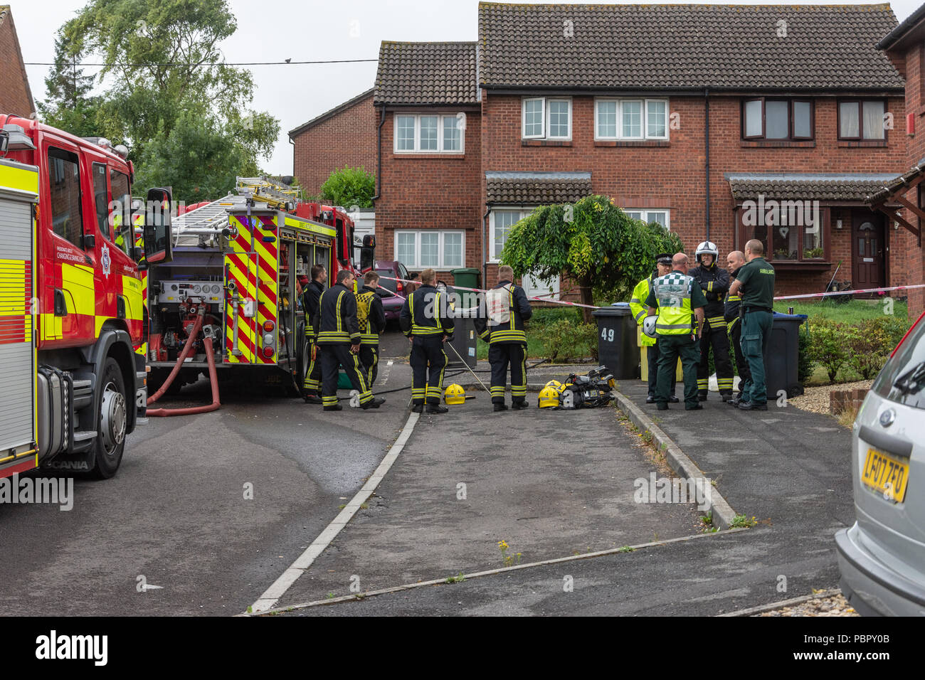 Westbury Wiltshire UK 29th July 2018   A woman opened a package from amazon and suffered burns to her finger from unidentified white powder.  Emergency services treat incident with extreme caution due to ongoing novichok case in county.  Substance tested non harmful. Emergency services outside house where package was opened waiting for hazmat to arrive to test  Credit Estelle Bowden/Alamy live news Stock Photo