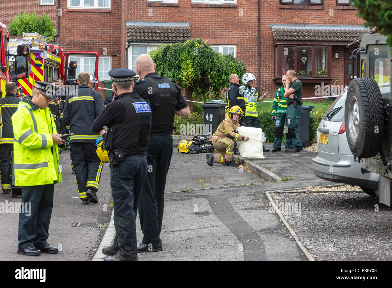 Westbury Wiltshire UK 29th July 2018  A woman opened a package from amazon and suffered burns to her finger from unidentified white powder.  Emergency services treat incident with extreme caution due to ongoing novichok case in county.  Substance tested non harmful. Preparing for hazmat substance ID team to enter to test substance Credit Estelle Bowden/Alamy live news Stock Photo