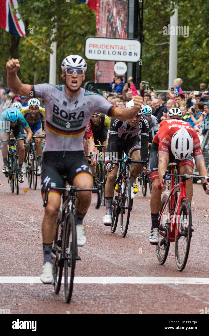 London, UK. 29th July, 2018. Pascal Ackermann of the Bora-Hansgrohe team wins the Prudential RideLondon-Surrey Classic, Britain's only men's UCI World Tour race and the world's richest one-day race with prizes worth 100,000 Euros to be won. Stock Photo