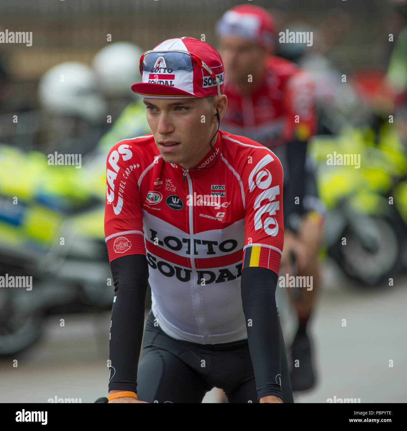 Horse Guards Parade, London, UK. 29 July, 2018. Britain’s only men’s UCI WorldTour race lines up for race start in central London with the riders and teams presented to spectators. Photo: Lotto Soudal Team. Credit: Malcolm Park/Alamy Live News. Stock Photo