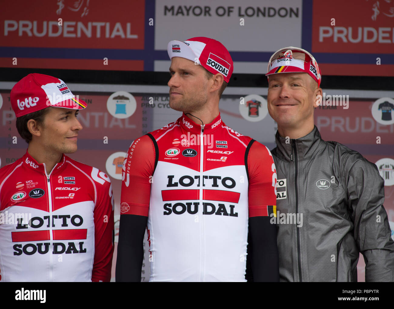 Horse Guards Parade, London, UK. 29 July, 2018. Britain’s only men’s UCI WorldTour race lines up for race start in central London with the riders and teams presented to spectators. Photo: Lotto Soudal Team. Credit: Malcolm Park/Alamy Live News. Stock Photo