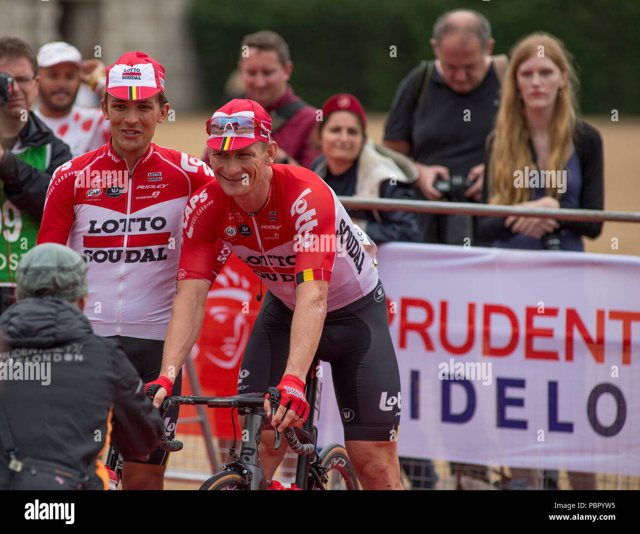Horse Guards Parade, London, UK. 29 July, 2018. Britain’s only men’s UCI WorldTour race lines up for race start in central London with the riders and teams presented to spectators. Photo: Andre Greipel of team Lotto Soudal. Credit: Malcolm Park/Alamy Live News. Stock Photo