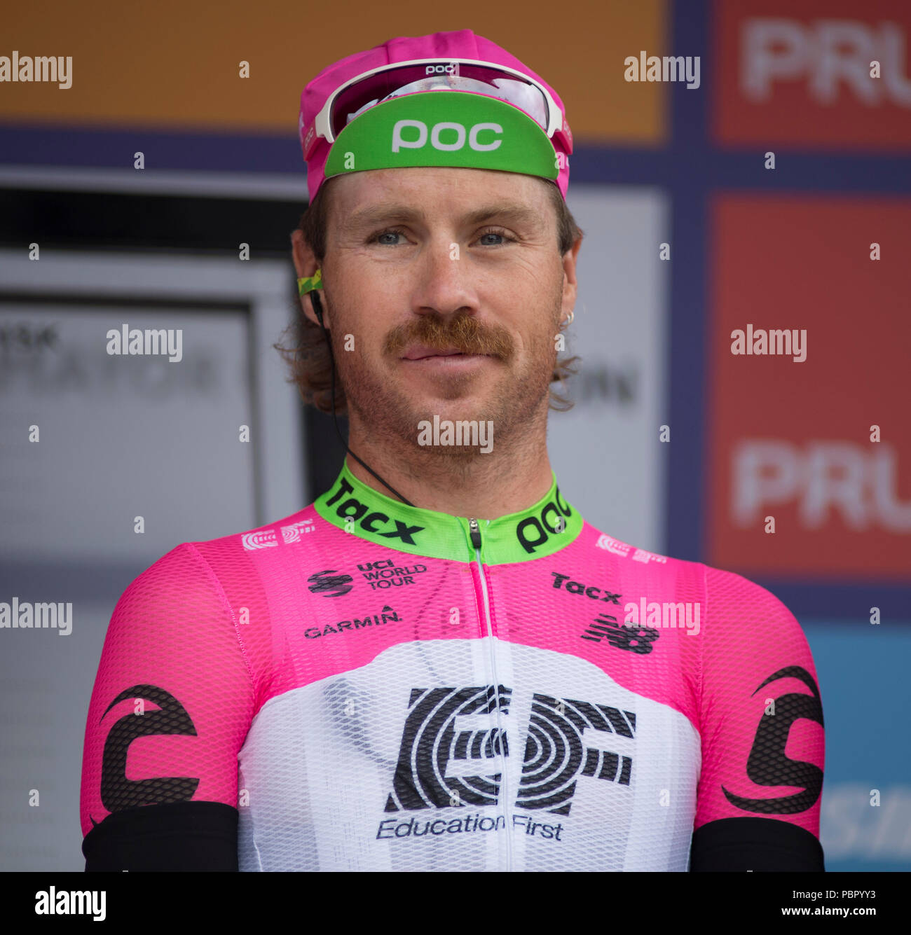Horse Guards Parade, London, UK. 29 July, 2018. Britain’s only men’s UCI WorldTour race lines up for race start in central London with the riders and teams presented to spectators. Photo: Mitch Docker of EF Education First Drap ESP Team. Credit: Malcolm Park/Alamy Live News. Stock Photo
