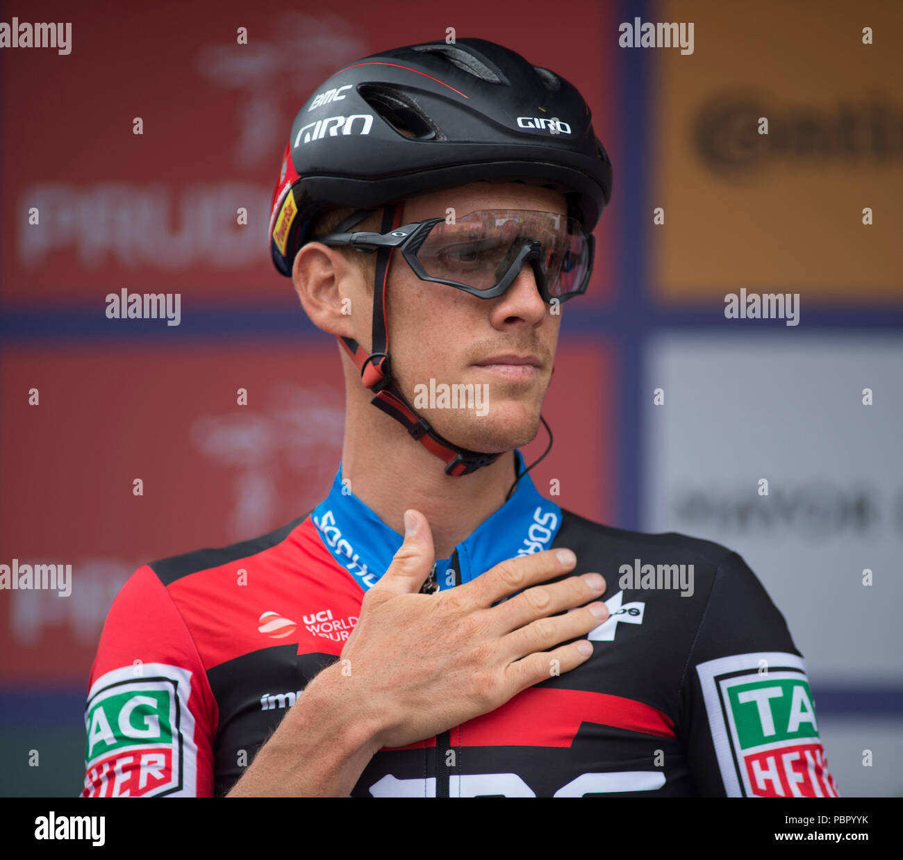 Horse Guards Parade, London, UK. 29 July, 2018. Britain’s only men’s UCI WorldTour race lines up for race start in central London with the riders and teams presented to spectators. Photo: BMC Racing Team. Credit: Malcolm Park/Alamy Live News. Stock Photo