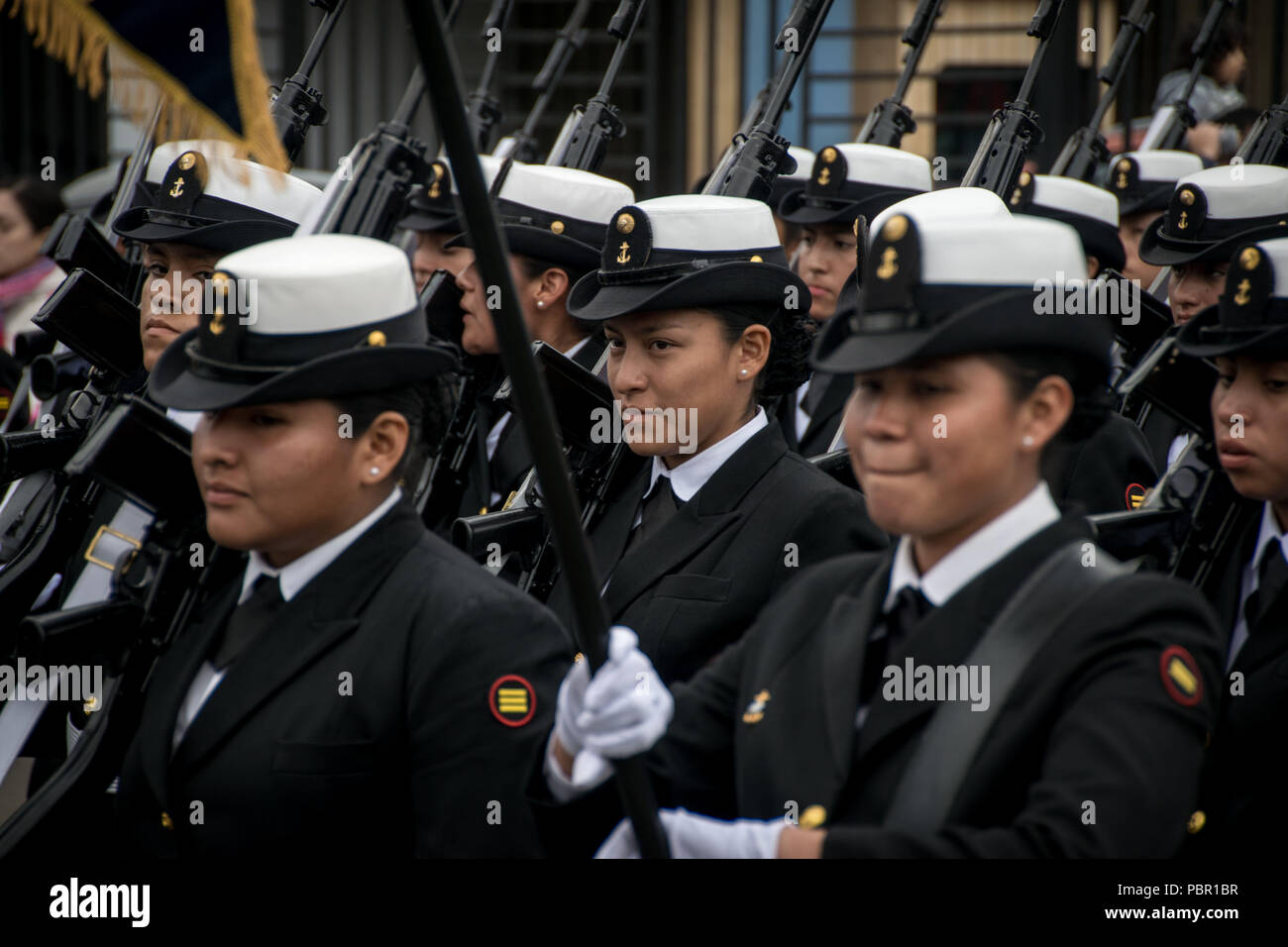 Lima, Lima Region, Peru. 29th July, 2018. Peruvian military personnel seen marching.Members of Peru's armed forces, coastguard, search & rescue, and police march in full uniform during the country's Gran Parada Militar. This parade always occurs the day after Peru's Independence Day marking the official end of festivities across the nation. Credit: Jason Sheil/SOPA Images/ZUMA Wire/Alamy Live News Stock Photo