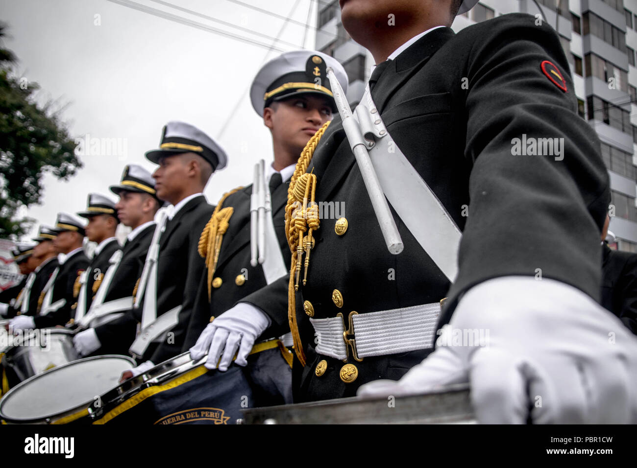Lima, Lima Region, Peru. 29th July, 2018. Peruvian military personnel seen marching.Members of Peru's armed forces, coastguard, search & rescue, and police march in full uniform during the country's Gran Parada Militar. This parade always occurs the day after Peru's Independence Day marking the official end of festivities across the nation. Credit: Jason Sheil/SOPA Images/ZUMA Wire/Alamy Live News Stock Photo