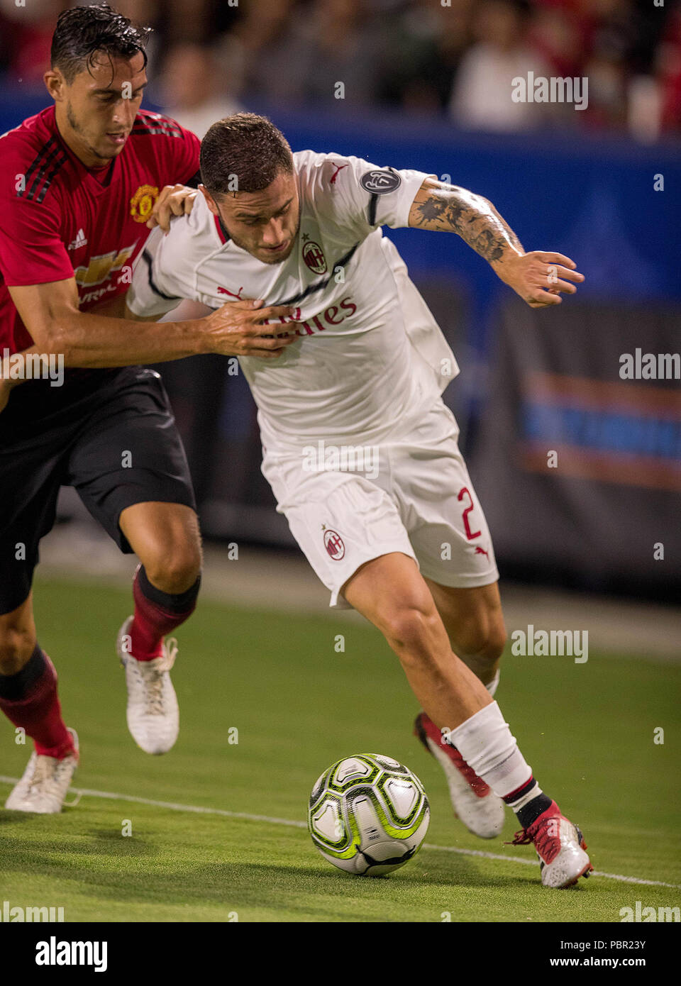 Carson, CA. 25th July, 2018. AC Milan goalie right back Davide Calabria (2) dribbles the ball during a game between AC Milan vs Manchester United on Wednesday, July 25, 2018 at the StubHub Center, in Carson, CA. Manchester United defeated AC Milan 1-1 (9-8) penalties. (Mandatory Credit: Juan Lainez/MarinMedia.org/Cal Sport Media) (Complete photographer, and credit required) Credit: csm/Alamy Live News Stock Photo