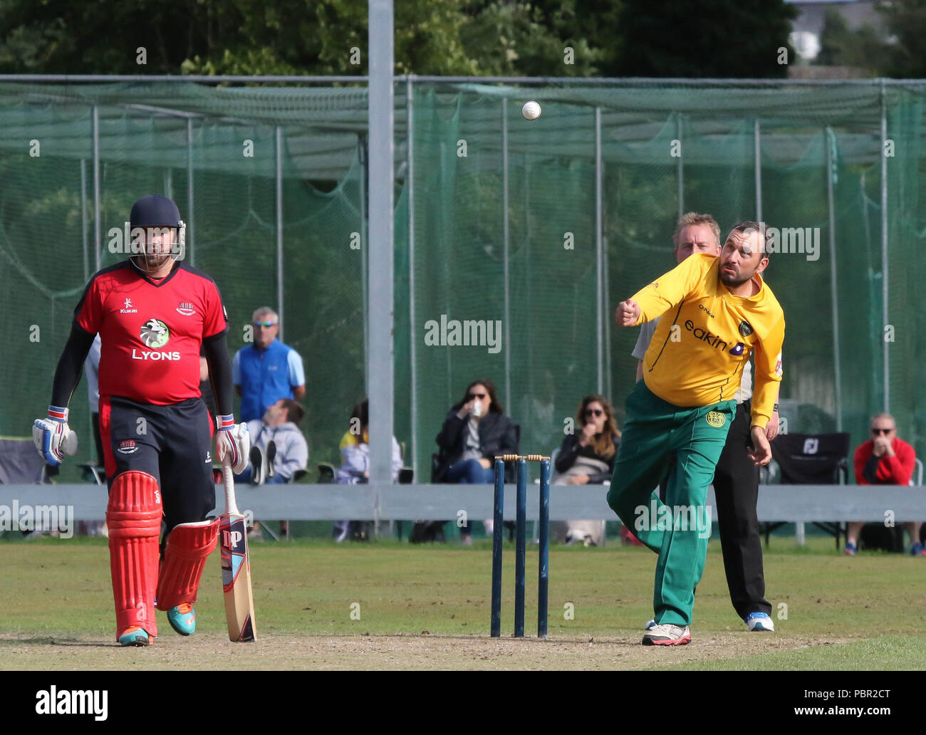 The Lawn, Waringstown, Northern Ireland, UK. 29 July, 2018. The Lagan Valley Steels Twenty 20 Cup Final 2018. Waringstown v North Down. Martin Moreland bowling for North Down. Credit: David Hunter/Alamy Live News. Stock Photo