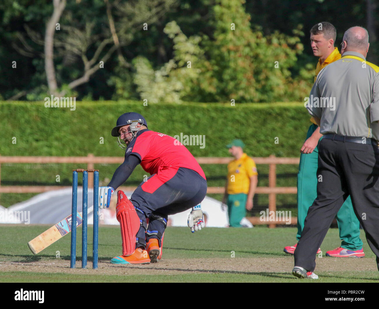 The Lawn, Waringstown, Northern Ireland, UK. 29 July, 2018. The Lagan Valley Steels Twenty 20 Cup Final 2018. Waringstown v North Down. Waringstown batsman James Hall on his way to an unbeaten 91. Credit: David Hunter/Alamy Live News. Stock Photo